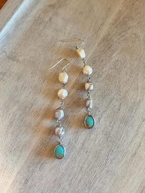 Gorgeous Sterling Silver Freshwater Pearl & Turquoise Drop Earrings